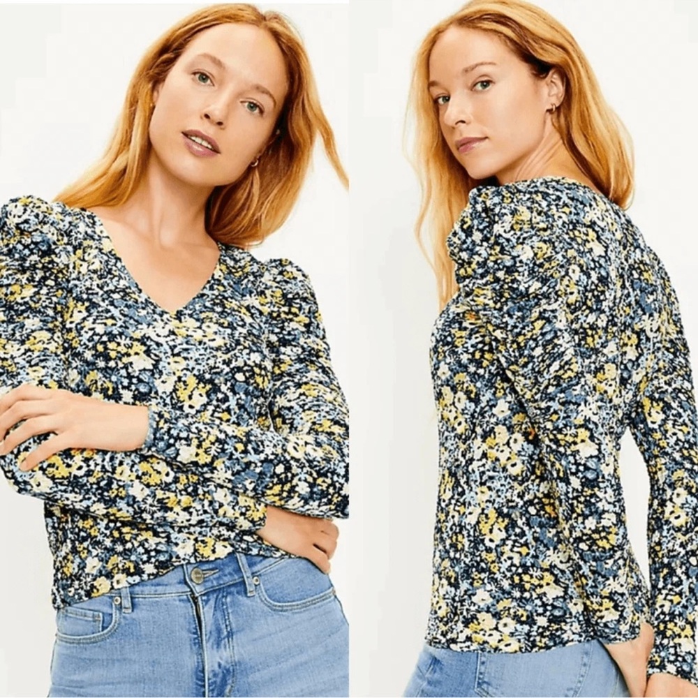 LOFT Floral V-Neck Blouse - Blue and Yellow